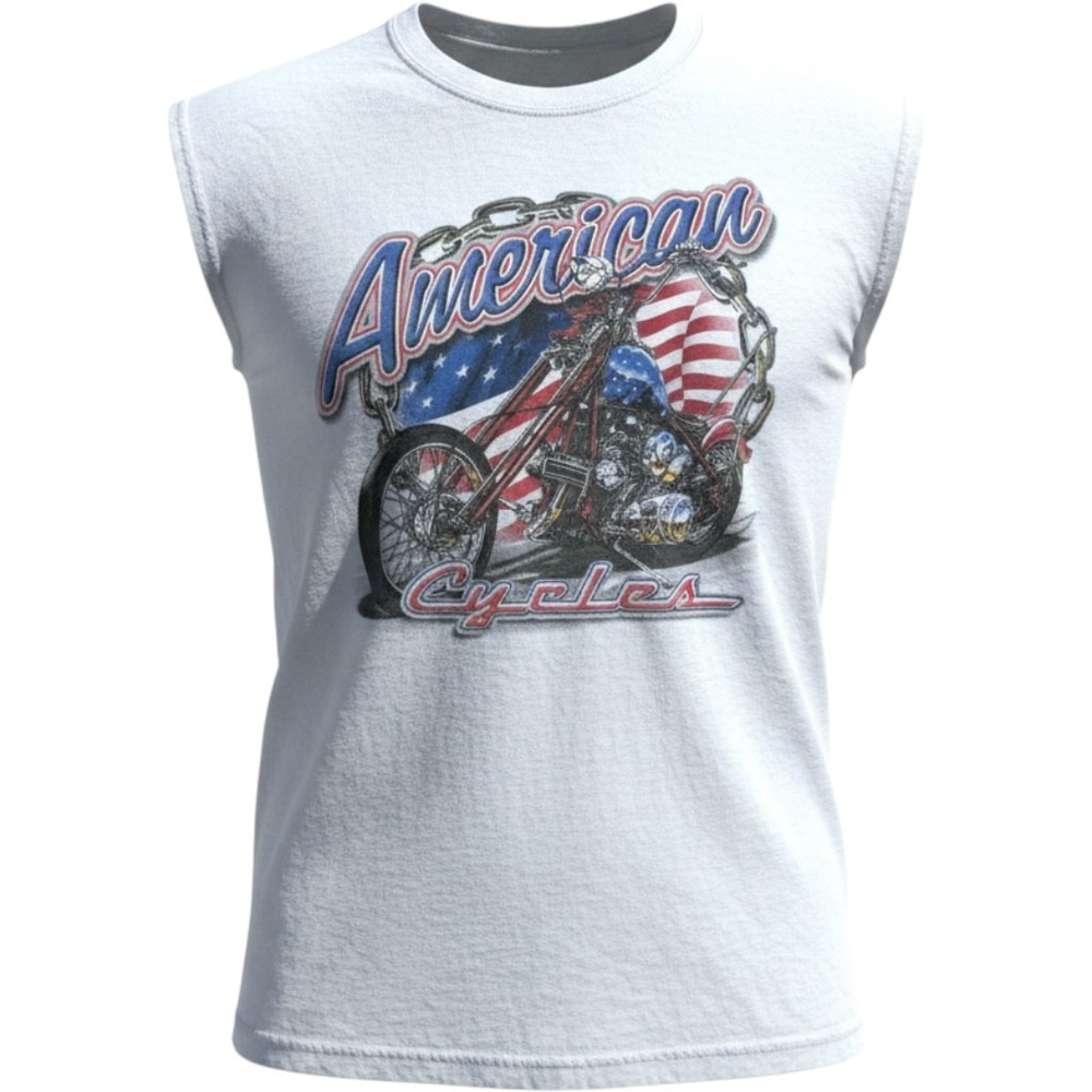 American Cycles Graphic Muscle Tee Mens Large White Motorcycle USA Made‎ Vintage
